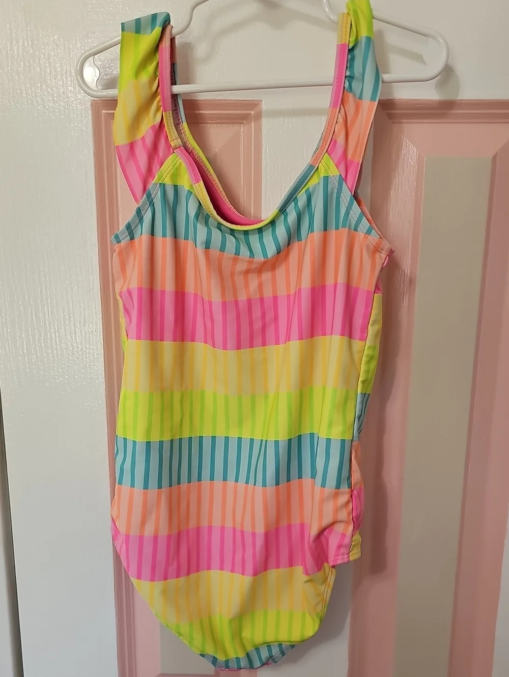Girls Size 10 Colorful Neon Stripe One-Piece Swimsuit